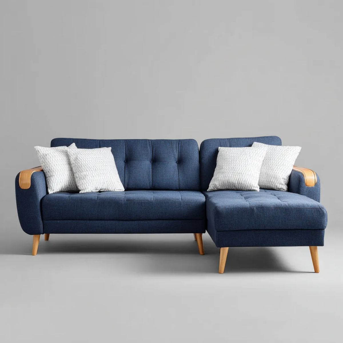 Granatowa sofa narożna w kształcie L z prawostronnym szezlongiem, tapicerka poliestrowa, 230 × 150 × 85 cm