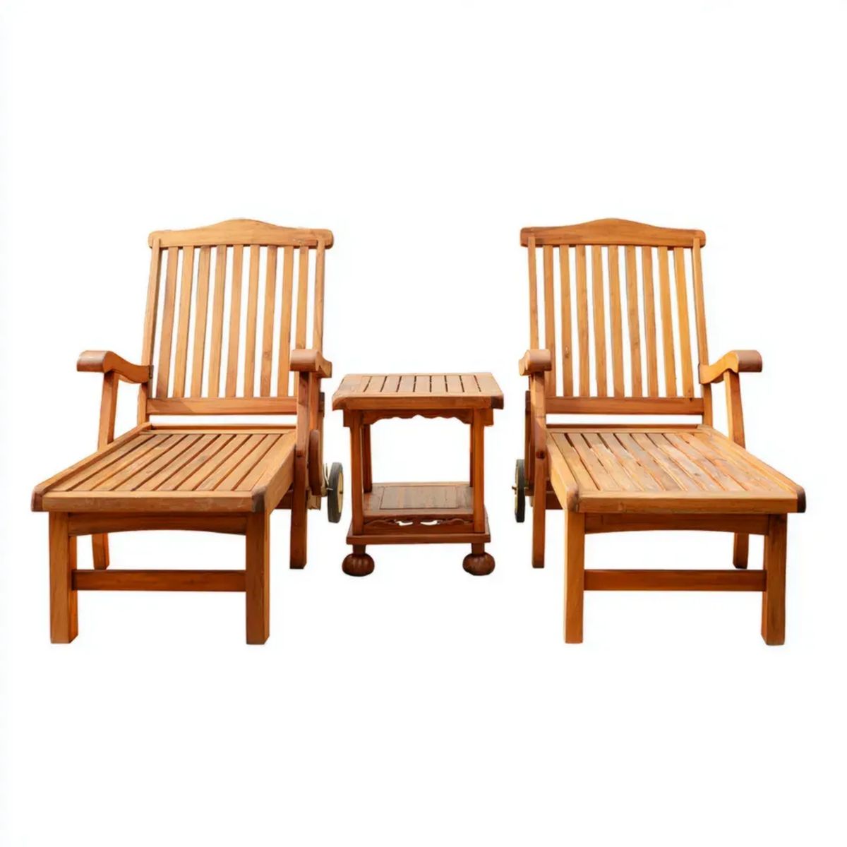 Zestaw 2 drewnianych leżaków ogrodowych z kółkami i stolikiem, brązowy, 200 × 68 × 30 cm