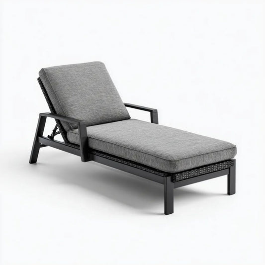 Regulowany leżak ogrodowy z aluminium i rattanu, szary/czarny, 195 × 65 × 95 cm
