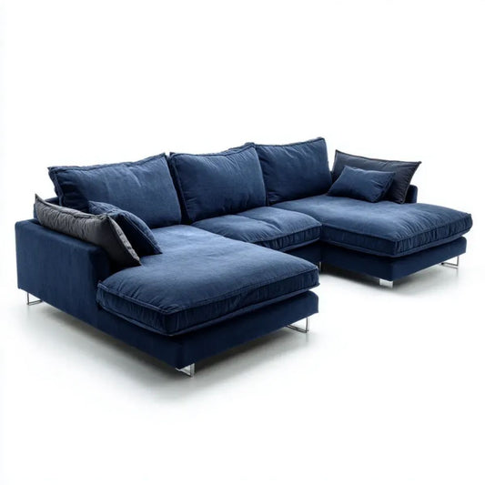 Modułowa sofa narożna w kształcie L z tapicerką poliestrową, granatowa, 300 × 180 × 85 cm