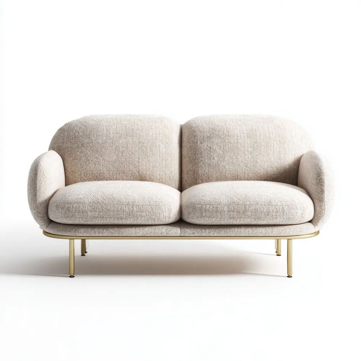 Beżowa dwuosobowa sofa z tapicerką bouclé, 160 x 85 x 78 cm, złote metalowe nogi
