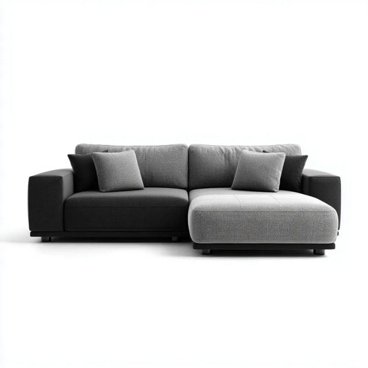 Grafitowo-jasnoszara sofa narożna z prawostronnym szezlongiem z tkaniny, 280 × 160 × 85 cm